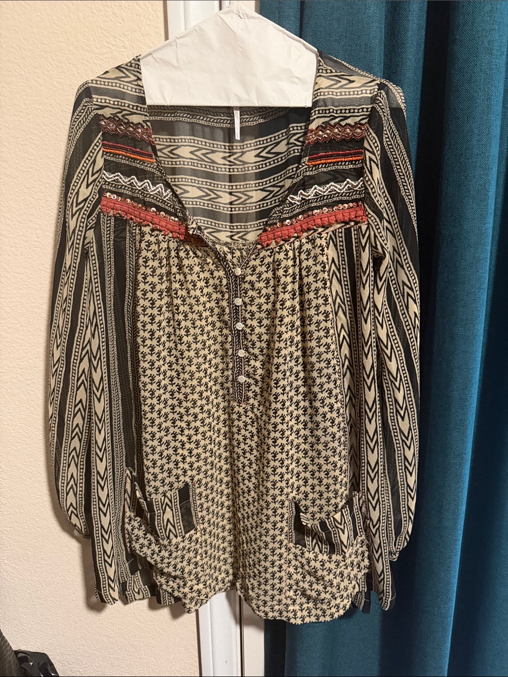Free People Black & Cream Boho Mixed-Pattern Tunic with Rust Trim